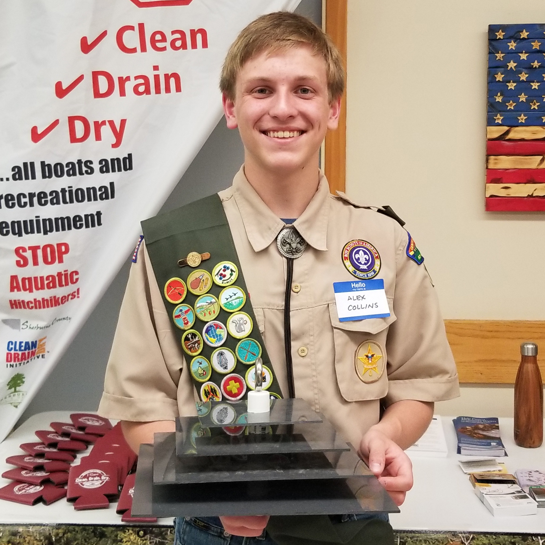 Eagle Scout Alex Collins with zebra mussel detector